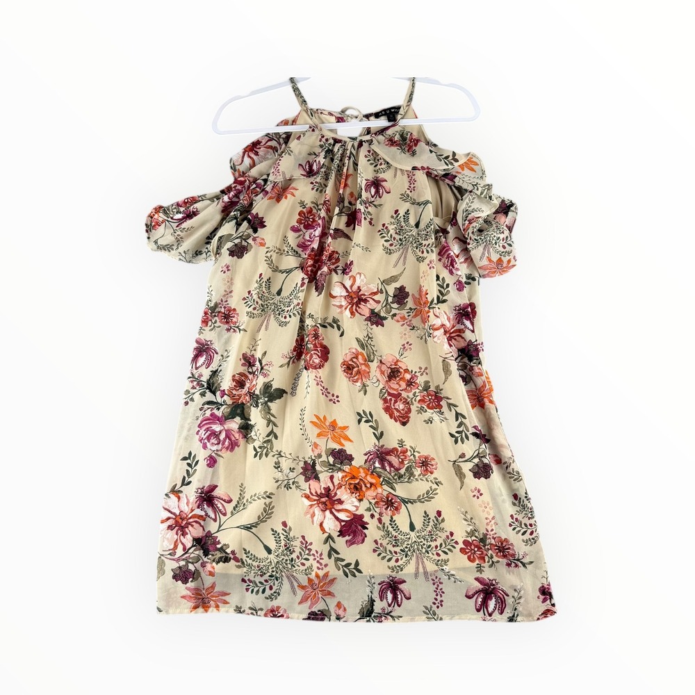 As U Wish Womens Floral Cold Shoulder Ruffle Shift Dress Cream Burgundy‎ Size M